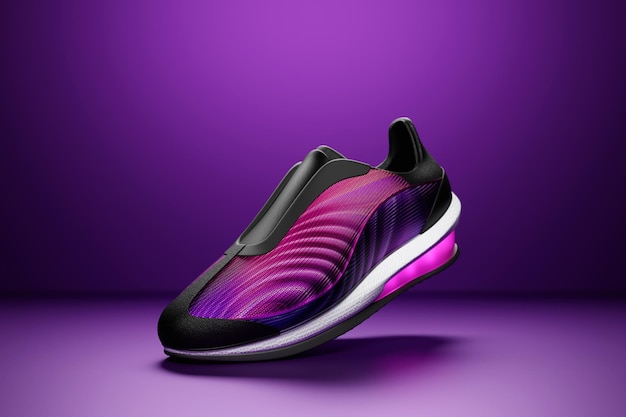 3D illustration of a concept shoe for the metaverse Purple sports boot sneaker on a high platform