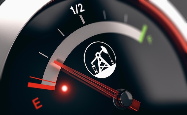 3D illustration of a conceptual fuel gauge with the needle pointing the empty position. Concept of depletion of non renewable energies.