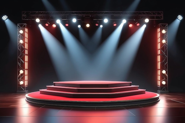 3D illustration of concert stage theater with flood lights and red carpet on 3d podium basean abstract empty floor showcase spotlights on stage background