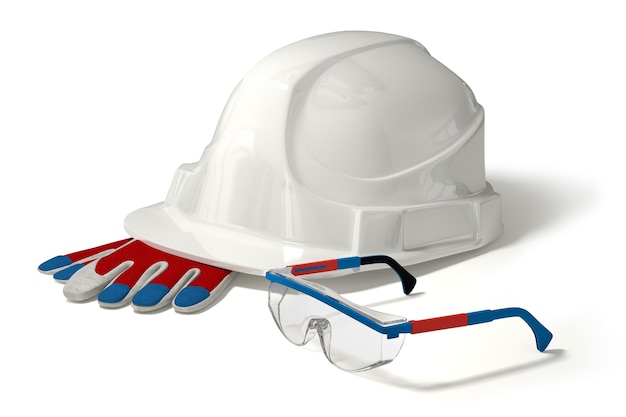 3d illustration construction helmet working gloves safety glasses Isolated Red and blue