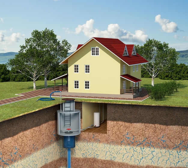 3d illustration of a cottage The cut of the earth Water supply and boiler