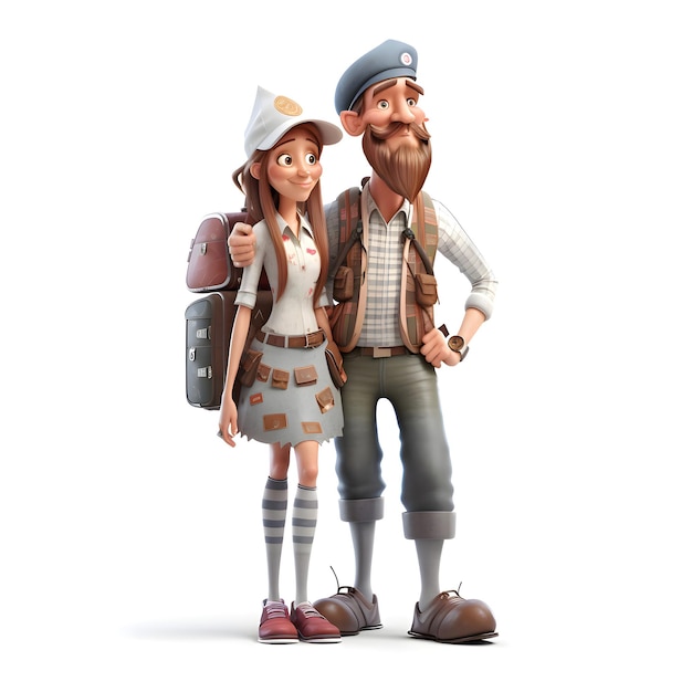 3D illustration of a couple of tourists with a map and a suitcase