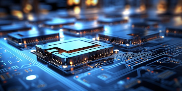 3d illustration of cpu in motherboard Electronic micro circuit board with processor close up