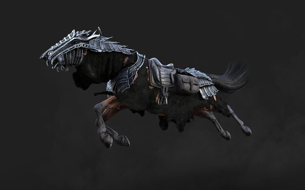 3d Illustration of A creepy armored dark horse pose on black background with clipping path.