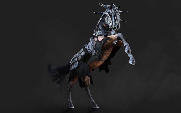 3d Illustration of A creepy armored dark horse pose on black background with clipping path.