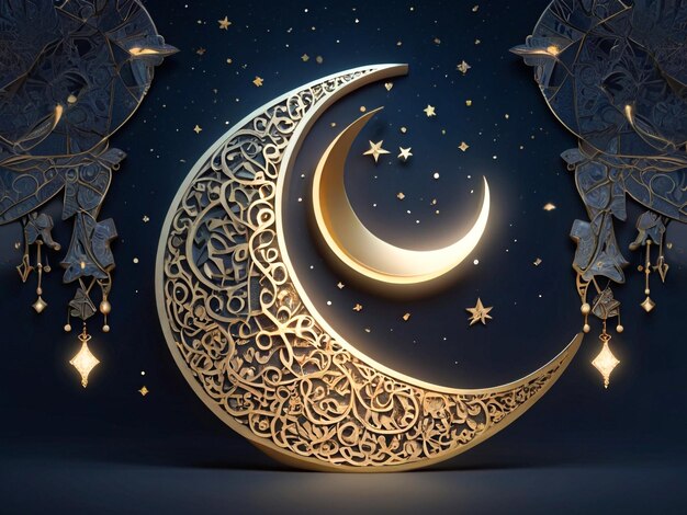 3D illustration of a crescent moon and stars adorned with Islamic calligraphy