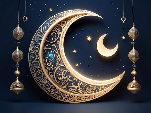 3D illustration of a crescent moon and stars adorned with Islamic calligraphy