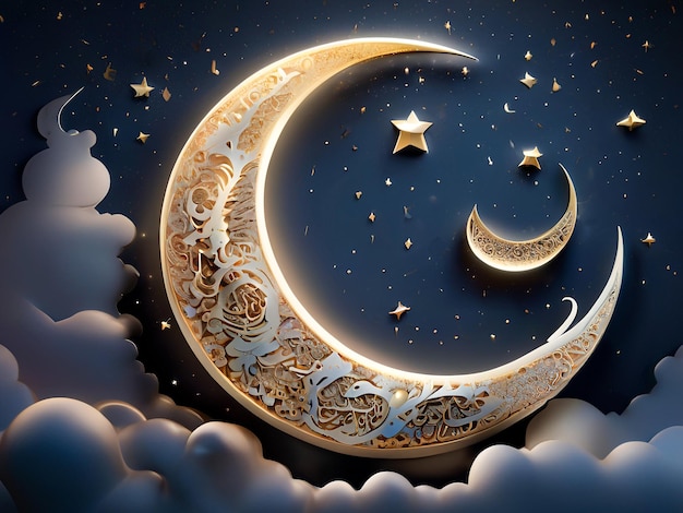 3D illustration of a crescent moon and stars adorned with Islamic calligraphy