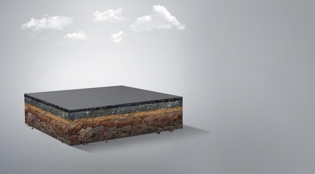 3D illustration of cubical soil land geology cross section isolated with asphalt road and clouds. 3D