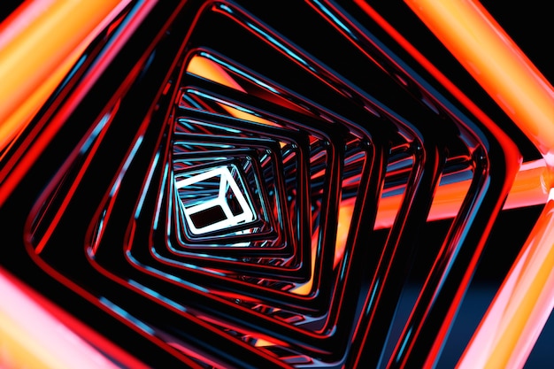 3d illustration curved square corridor with geometric walls Closeup of a tunnel