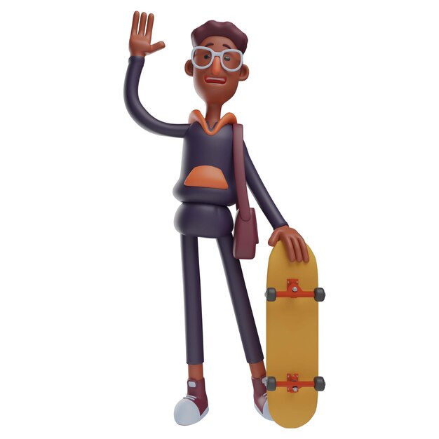 3D Illustration Cute 3D Cartoon Student Illustration playing skateboarding with a waving hand pose