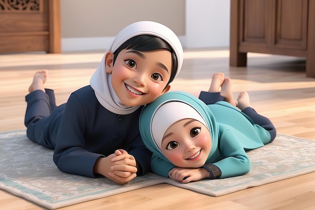 3d illustration of a cute asian muslim boy and girl laying on the floor smiling