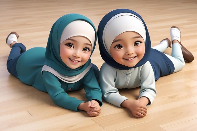 3d illustration of a cute asian muslim boy and girl laying on the floor smiling