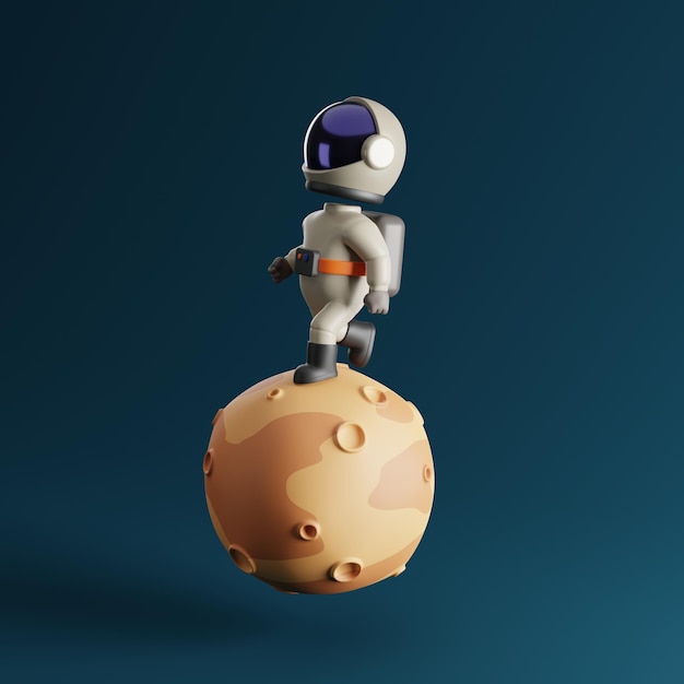 3d illustration of cute astronaut walking on the moon