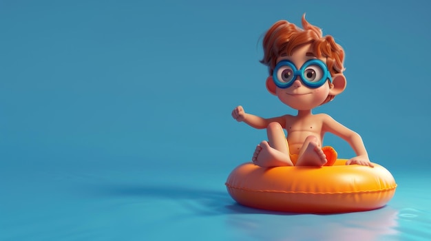 Photo 3d illustration of a cute boy sitting on an inflatable ring wearing swimming goggles