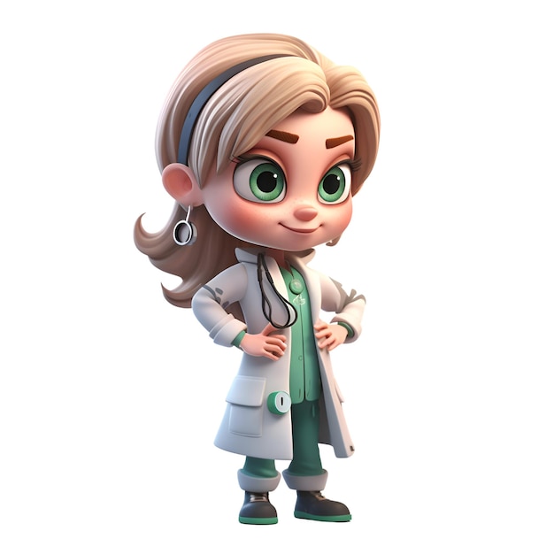 3D illustration of a cute cartoon girl doctor with stethoscope