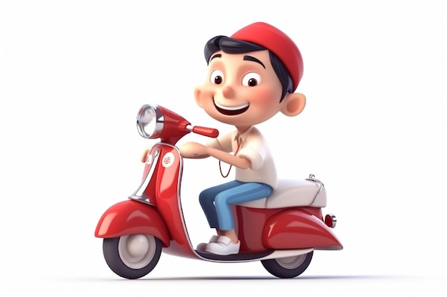 3d illustration of a cute cartoon riding a scooter on isolated background generative ai