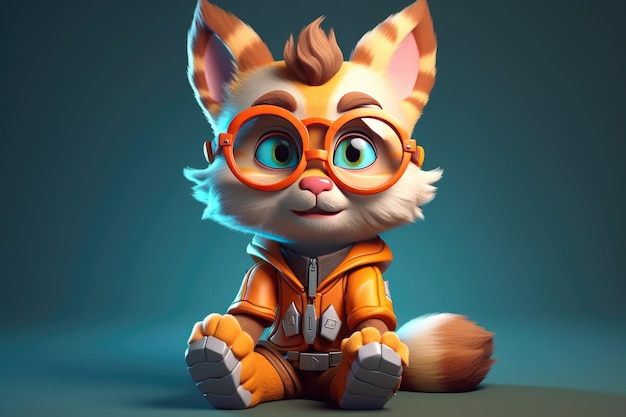 3D illustration cute cat wearing glasses in a childlike cartoon character style Generative AI