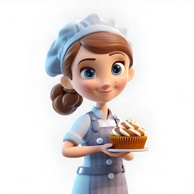 3d illustration of a cute chef girl holding a cupcake