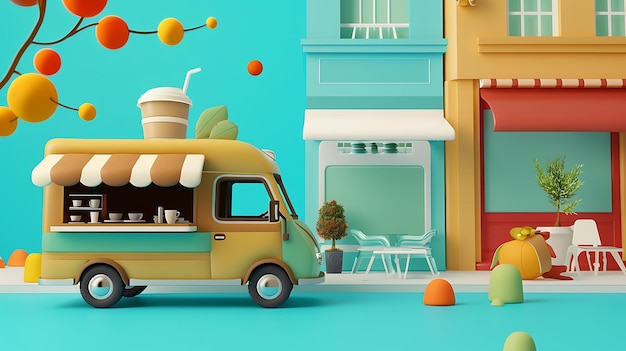 Photo 3d illustration of a cute coffee shop on wheels in a colorful cityscape