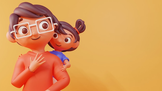 3D Illustration Of Cute Daughter Hugging Her Father From Behind On Yellow Background.