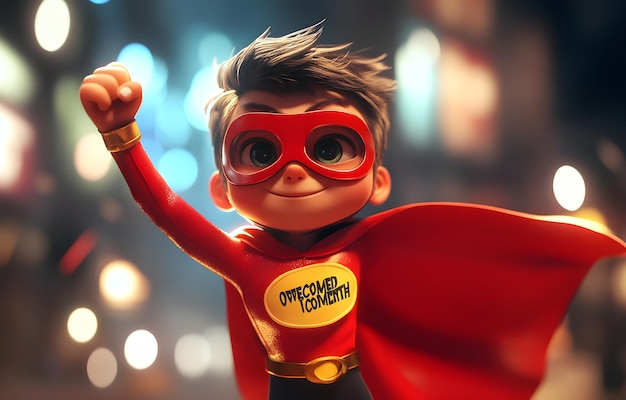 3D Illustration of a Cute Little Boy Superhero in a Red Costume