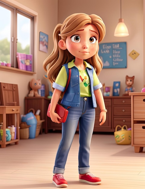 3D illustration of a cute little girl standing in her room