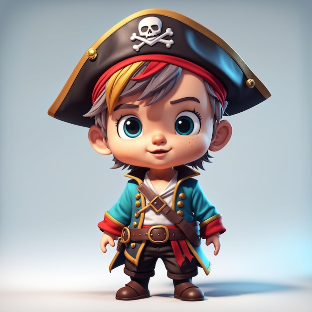 Photo 3d illustration of a cute pirate boy wearing a hat and costume