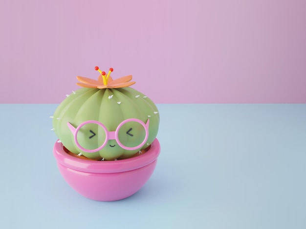 3D illustration cute pot cactus character wear glasses elements isolated on pastel background.