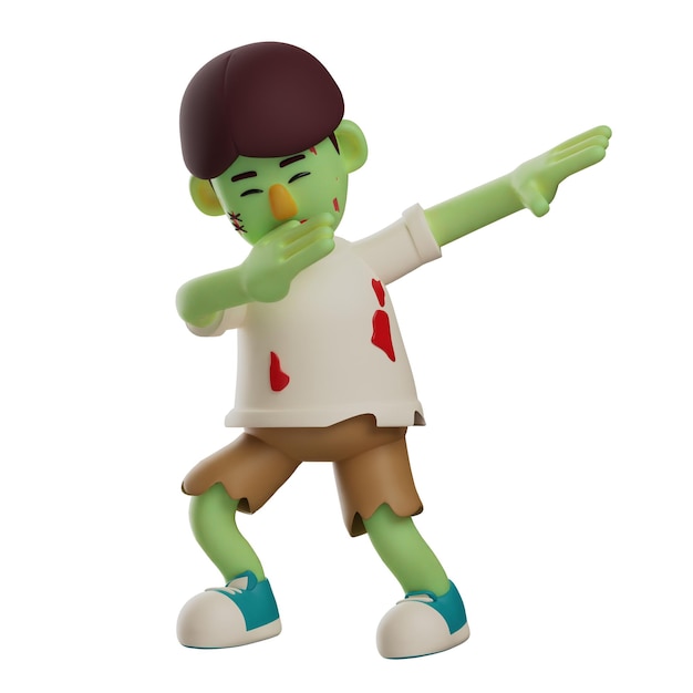 Photo 3d illustration cute zombie 3d cartoon with dan pose showing a strange expression wearing