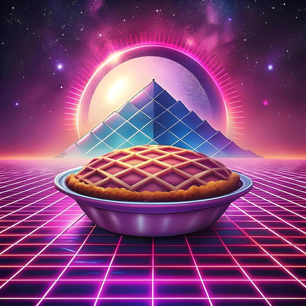 Photo a 3d illustration of a delicious meat pie in a retro 80s style set against a vibrant pink and purple grid with a glowing orb and a futuristic pyramid