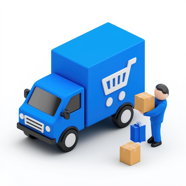 Photo 3d illustration of a delivery truck and a person handling packages depicting ecommerce and online sh