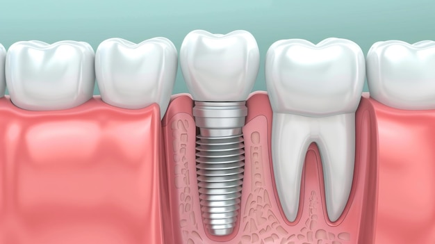 3d illustration of dental implant with white tooth dental implantation teeth with implant screw