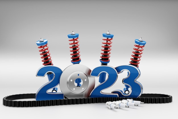 3d illustration design happy new year 2023 with auto parts for auto mechanic service concept isolated on gray background