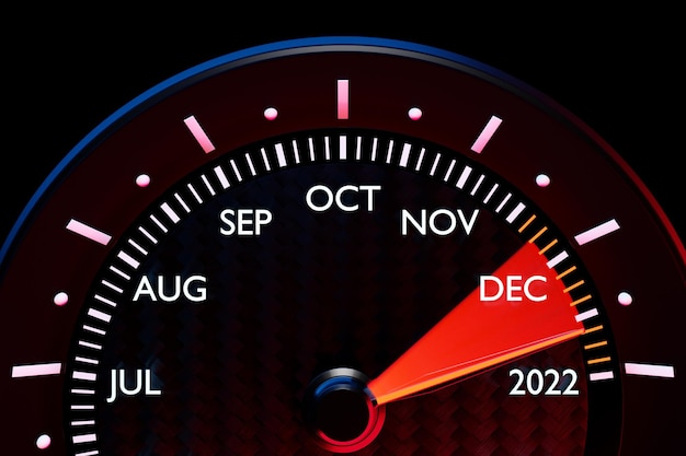 3D illustration of a detailed speedometer close-up showing the end of 2021 and the beginning of 2022. Counting months, time until the new year