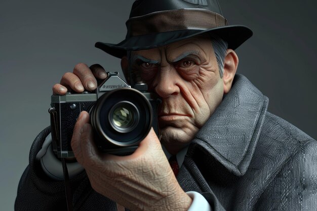 3d illustration of a detective with a camera on a gray background