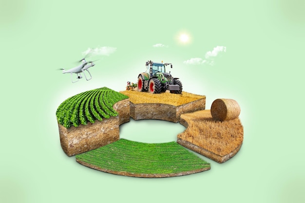 3d illustration different farms isolated in round 4 piece of landscape farm agriculture