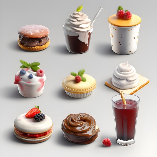 3d illustration of different types of cakes and desserts on a gray background