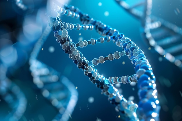 3D illustration of DNA structure on a blue background Concept of biochemistry in 3D