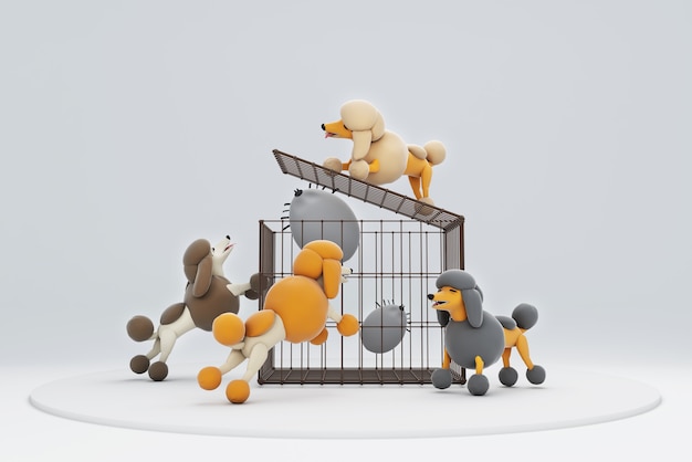 3D illustration of a dog trying to close the cage