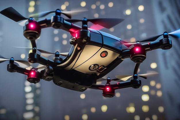 3d illustration drone with digital camera flying over a city and patrolling the environment