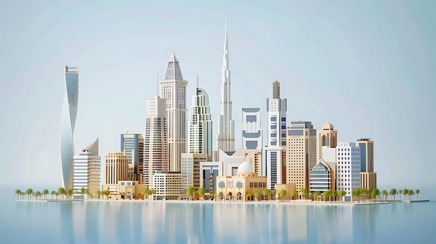 3D Illustration of Dubai Skyline with Palm Trees and Reflective Water