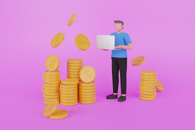 3d illustration of earning money from the internet. 3d rendering arrow growth up with coin stacks.