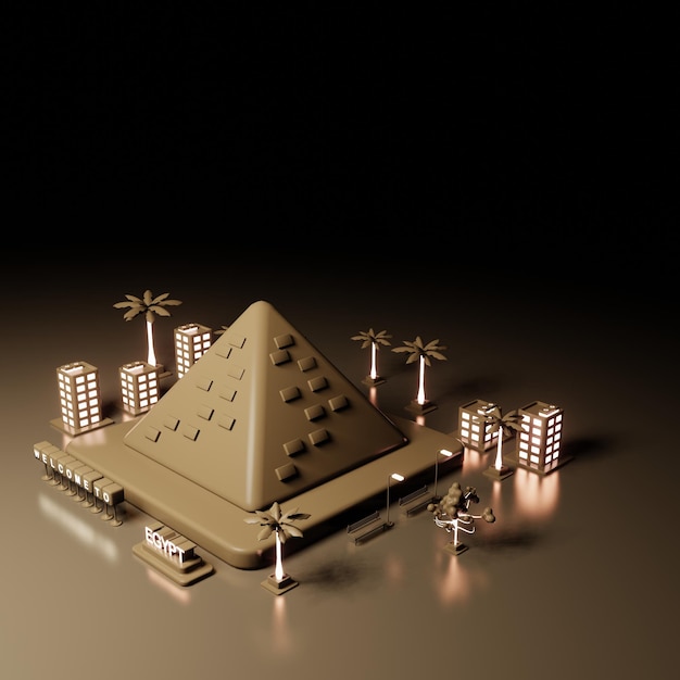 3d illustration Egypt city view and green space and pyramid as landmark in neon light style