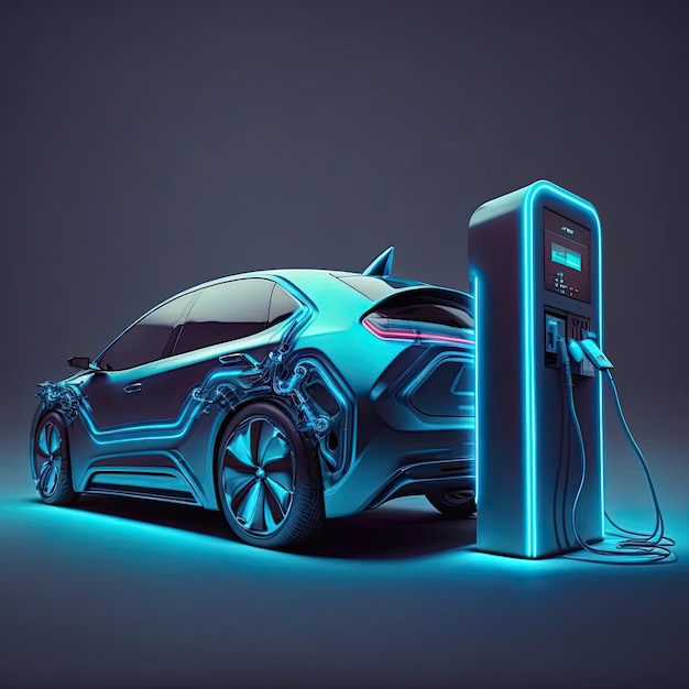 3d illustration of a electric car isolated on dark background Generative AI