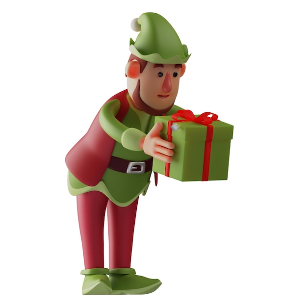 3D illustration Elf 3D cartoon character giving out special gifts to celebrate Christmas slightly