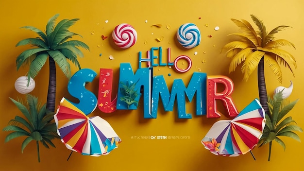 3d illustration Emoji with sunglasses and Summer word on yellow background Summer vacation concept