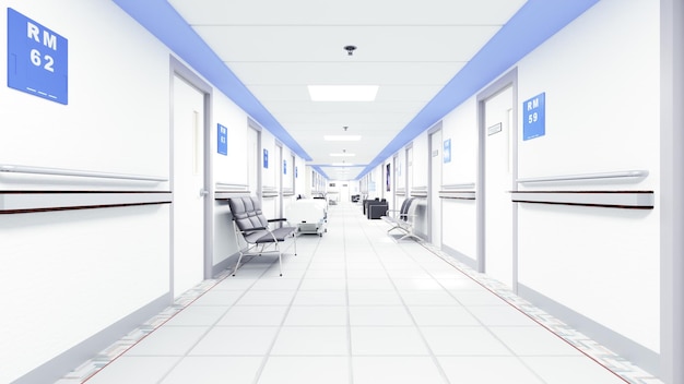 3d illustration Empty Corridor In Modern Hospital