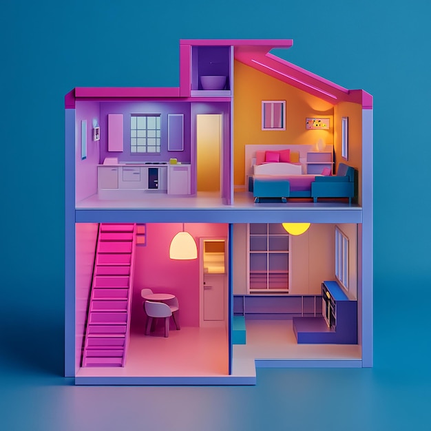 Photo 3d illustration of empty modular doll house made of plastic design plain background