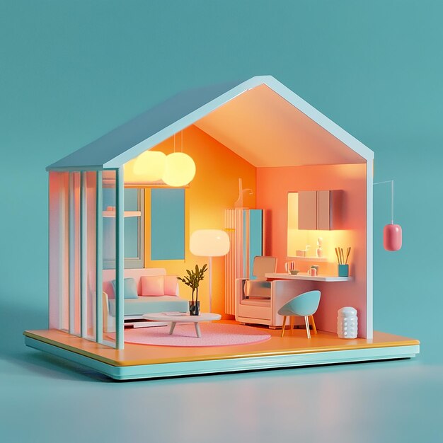 Photo 3d illustration of empty modular doll house made of plastic design plain background